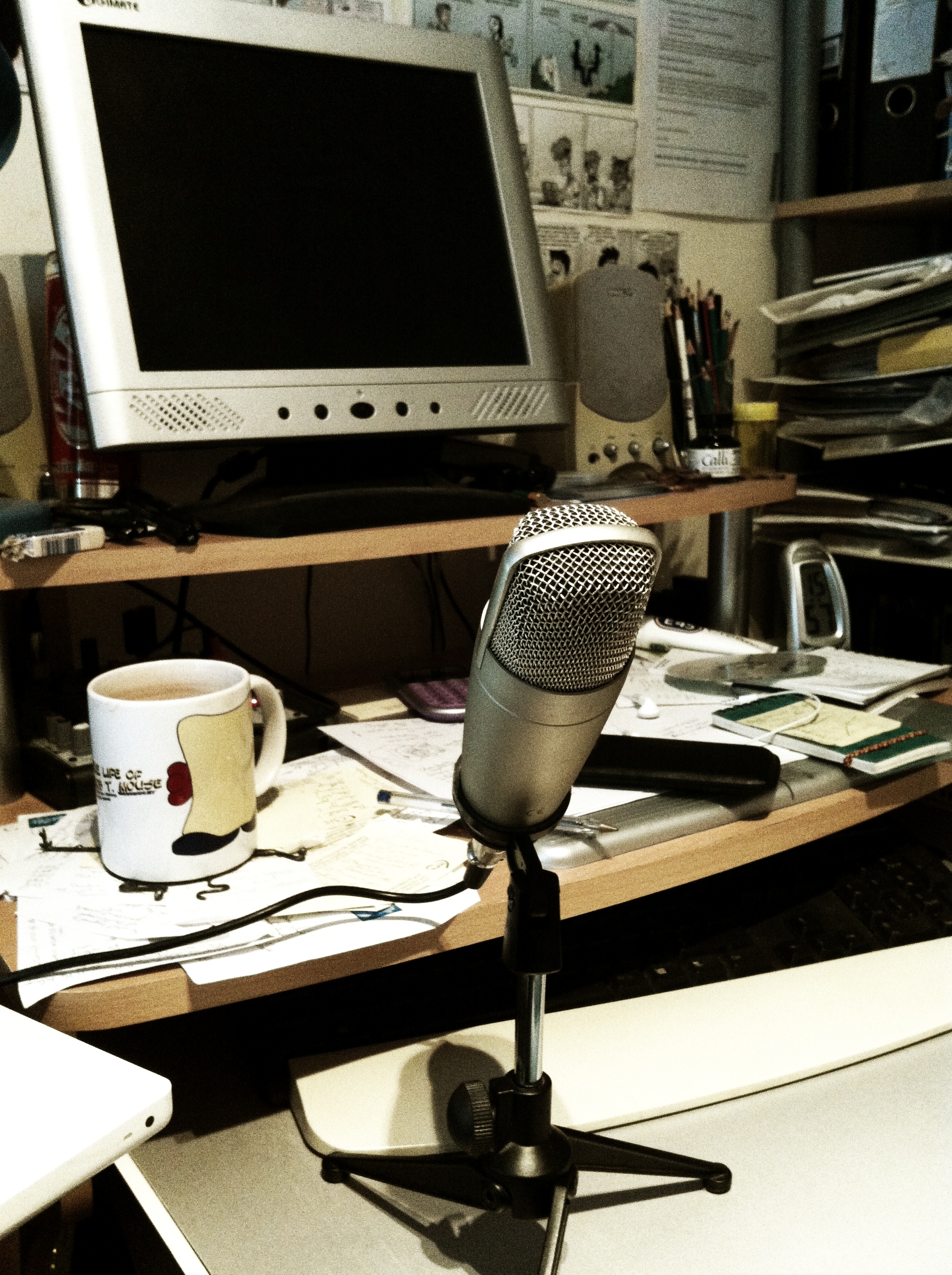 A broadcast quality microphone, in front of Arcadia, my desktop PC.