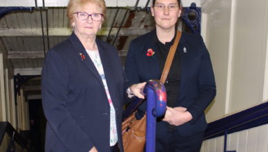 Cllrs Christine Wild and Zoë Kirk-Robinson stood on the stairs leading down to the platforms at Daisy Hill Station, November 2018